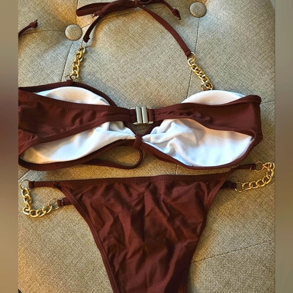 ๐NWOT Sexy Chocolate Brown Two Piece Bathing Suit Bikini-Gold Chain Accents ๐ - Picture 4 of 6